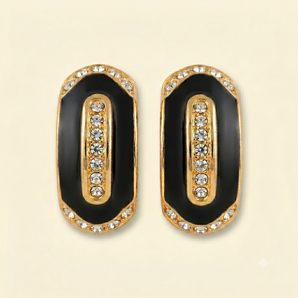 Betty Earrings - Black Enamel & Crystal Clip-On Earrings