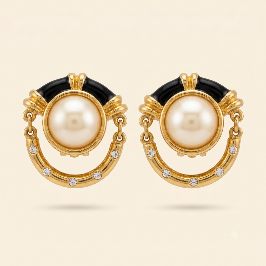 Signed Courrèges Pearl & Crystal Hoop Earrings