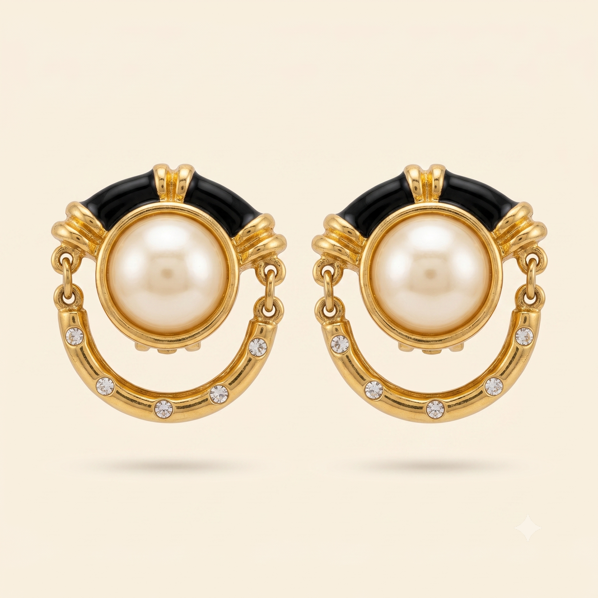 Signed Courrèges Pearl & Crystal Hoop Earrings