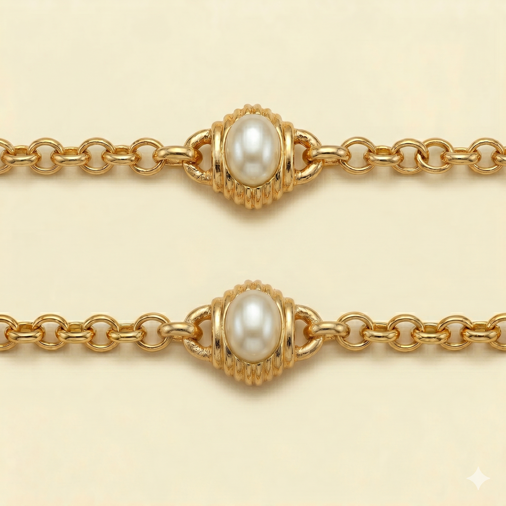 Ines Vintage Gold Chain Necklace — Pearl Station Rolo Chain