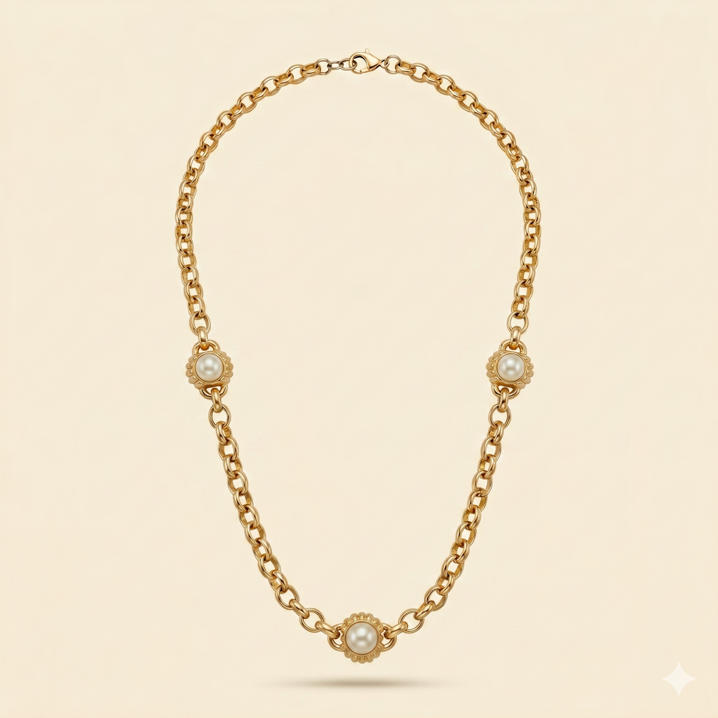 Ines Vintage Gold Chain Necklace — Pearl Station Rolo Chain