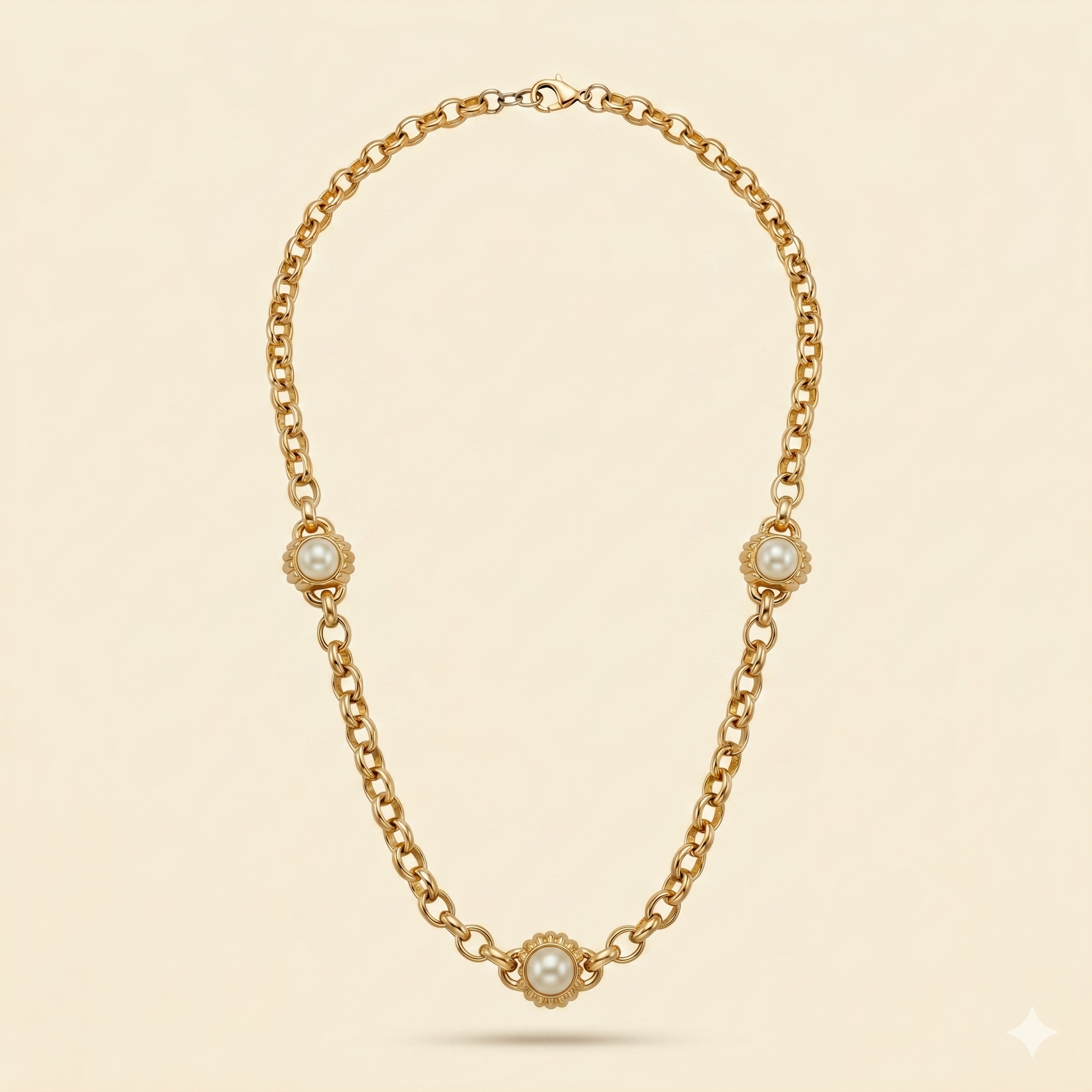 Ines Vintage Gold Chain Necklace — Pearl Station Rolo Chain