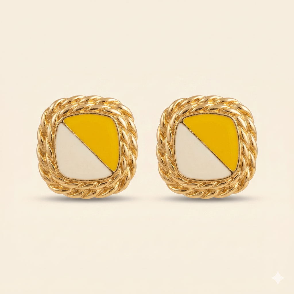 Yellow & Cream Enamel Gold Rope Clip Earrings
