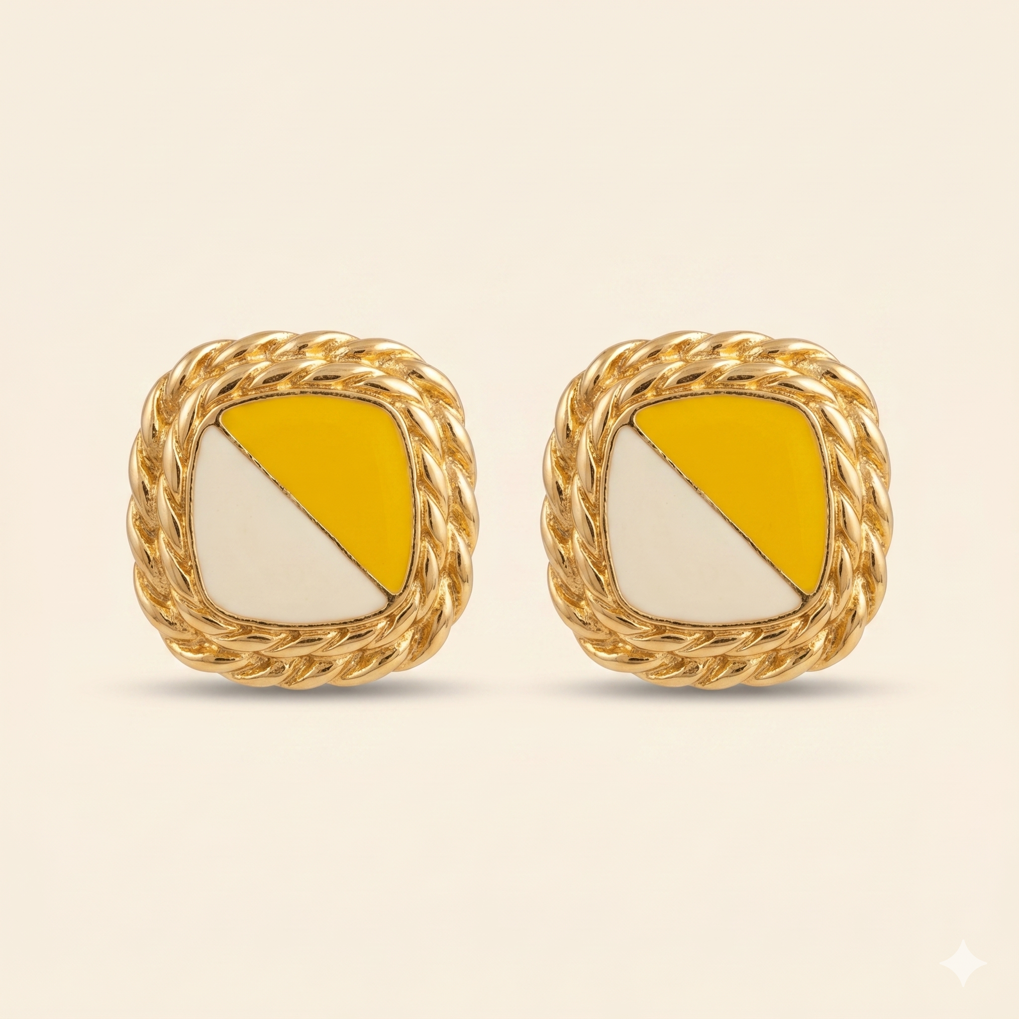 Yellow & Cream Enamel Gold Rope Clip Earrings