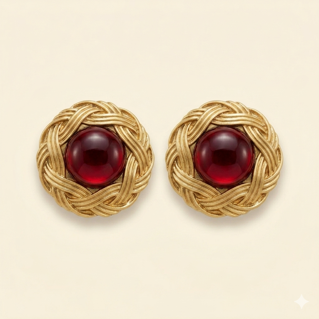 Deep Red Cabochon Woven Gold Clip Earrings