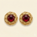 Deep Red Cabochon Woven Gold Clip Earrings