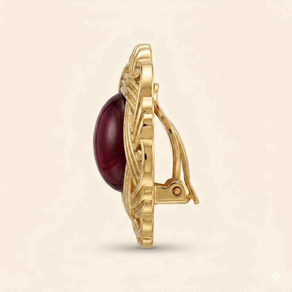 Deep Red Cabochon Woven Gold Clip Earrings