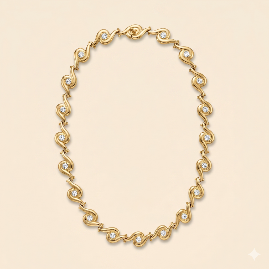 Pamela Vintage Gold Swirl Collar Necklace — Crystal Bezel Links