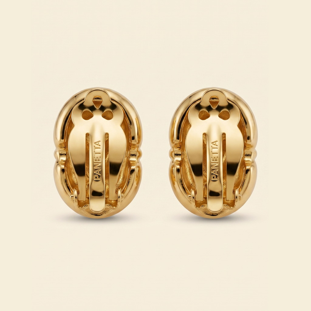 Panetta Signed Vintage Clip Earrings, Ribbed Gold & Crystal Pavé