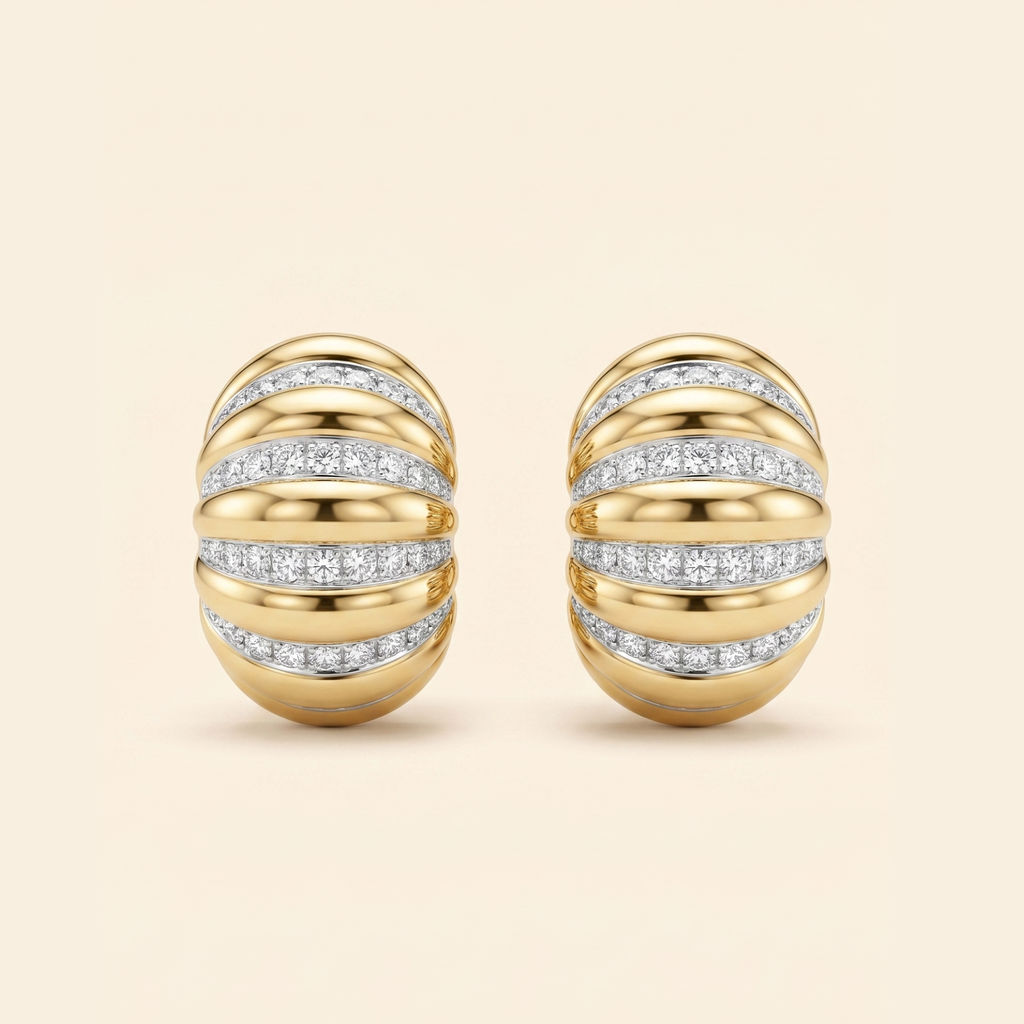 Panetta Signed Vintage Clip Earrings, Ribbed Gold & Crystal Pavé