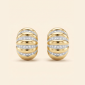 Panetta Signed Vintage Clip Earrings, Ribbed Gold & Crystal Pavé