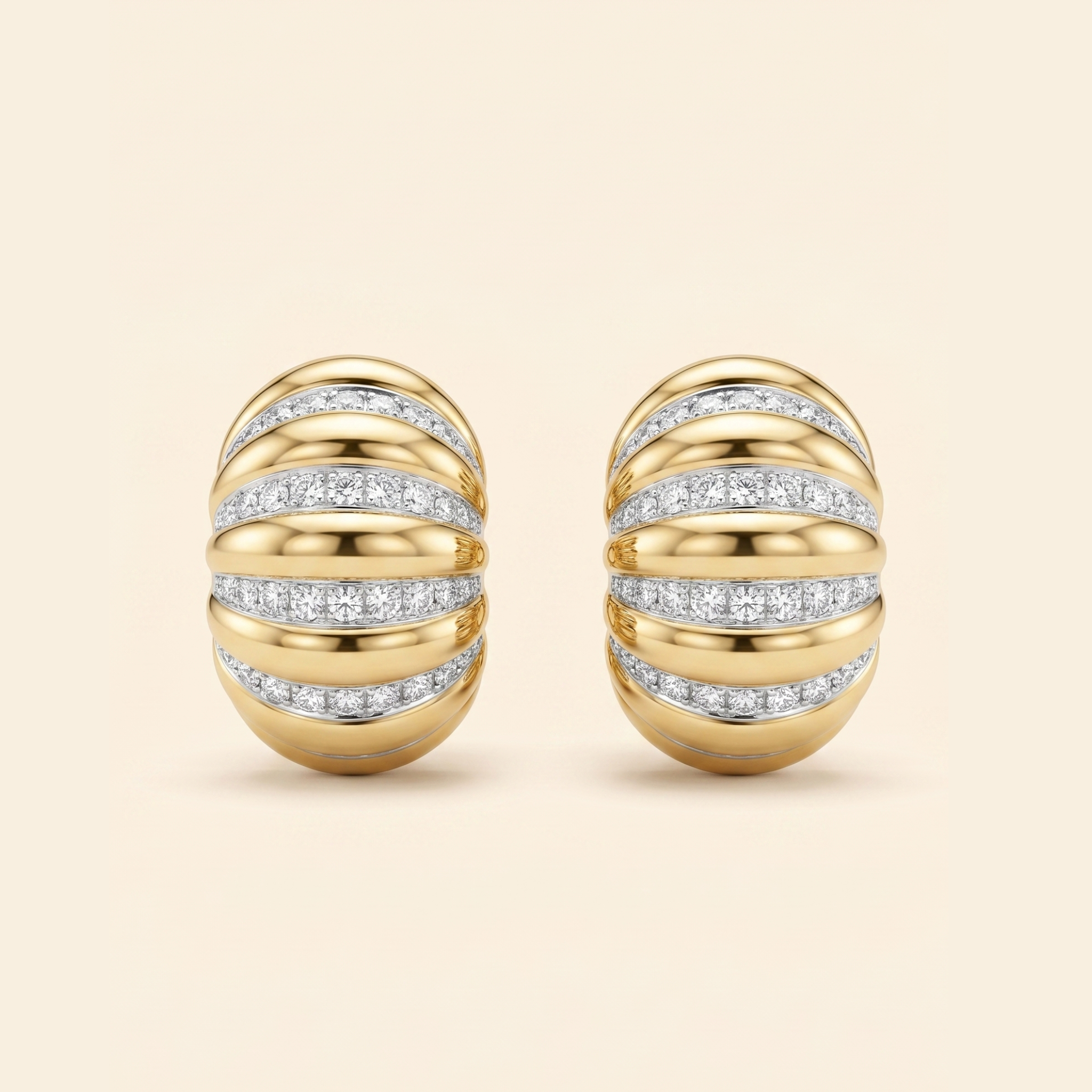 Panetta Signed Vintage Clip Earrings, Ribbed Gold & Crystal Pavé