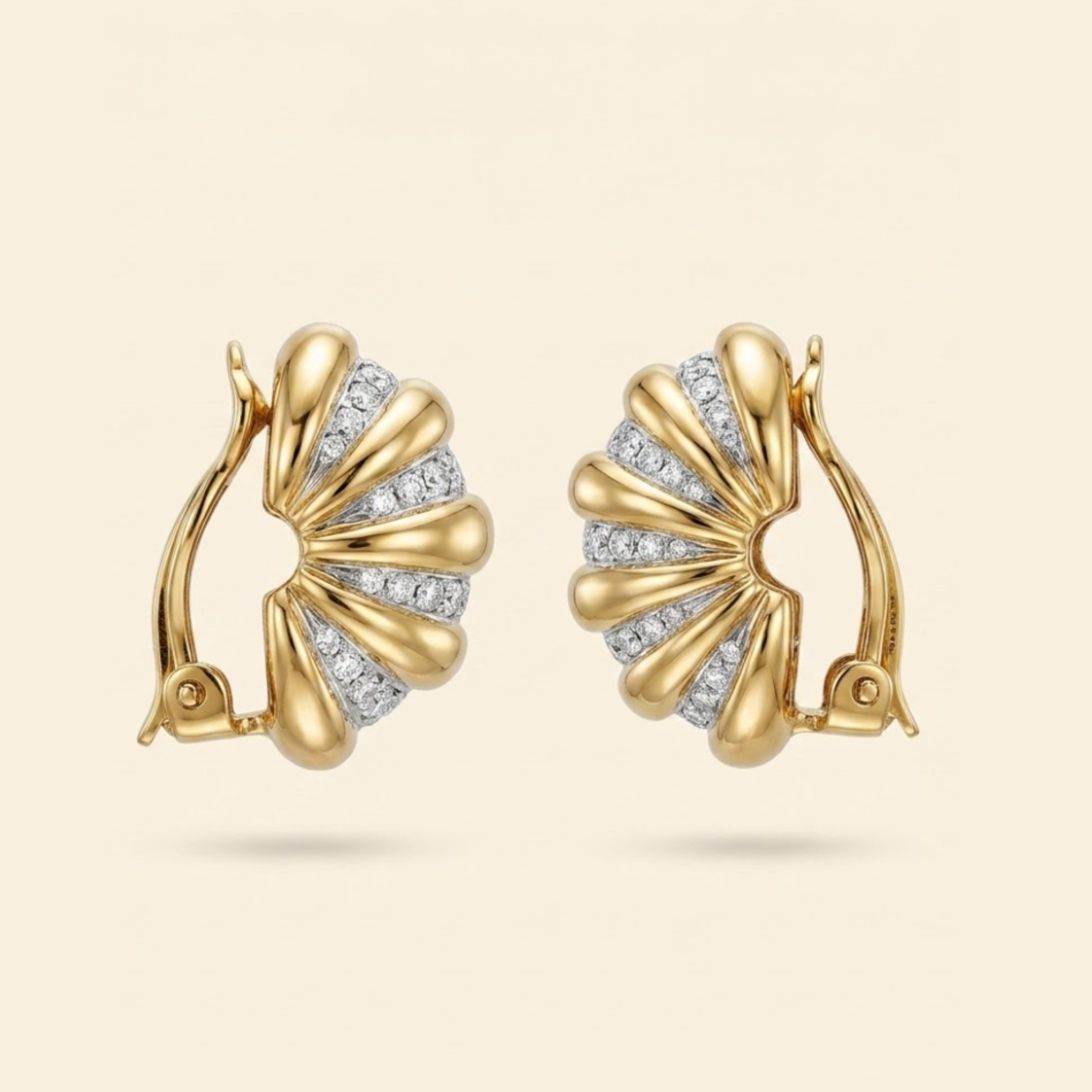 Panetta Signed Vintage Clip Earrings, Ribbed Gold & Crystal Pavé