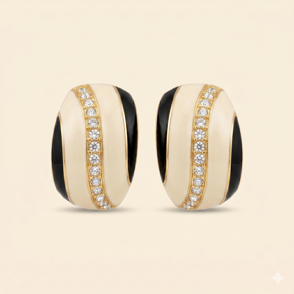 Black & Cream Enamel Vintage Earrings