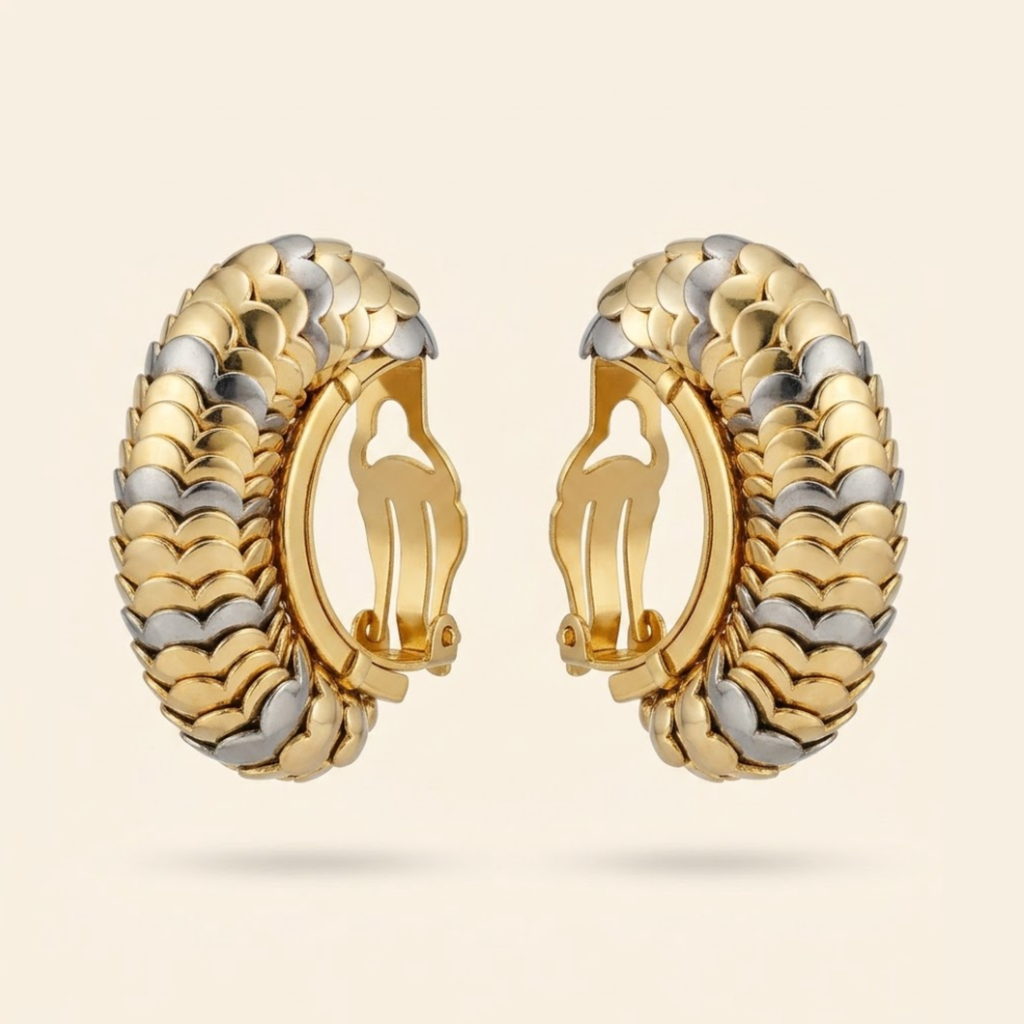 Écaille Two-Tone Clip Hoop Earrings — Gold & Rhodium